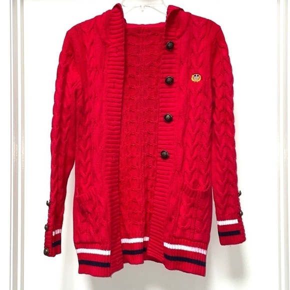 Unbrended Sweaters - Vintage Twisted Cable Knit Sweater Long Cardigan Red Crest Rampant Lion Buttons